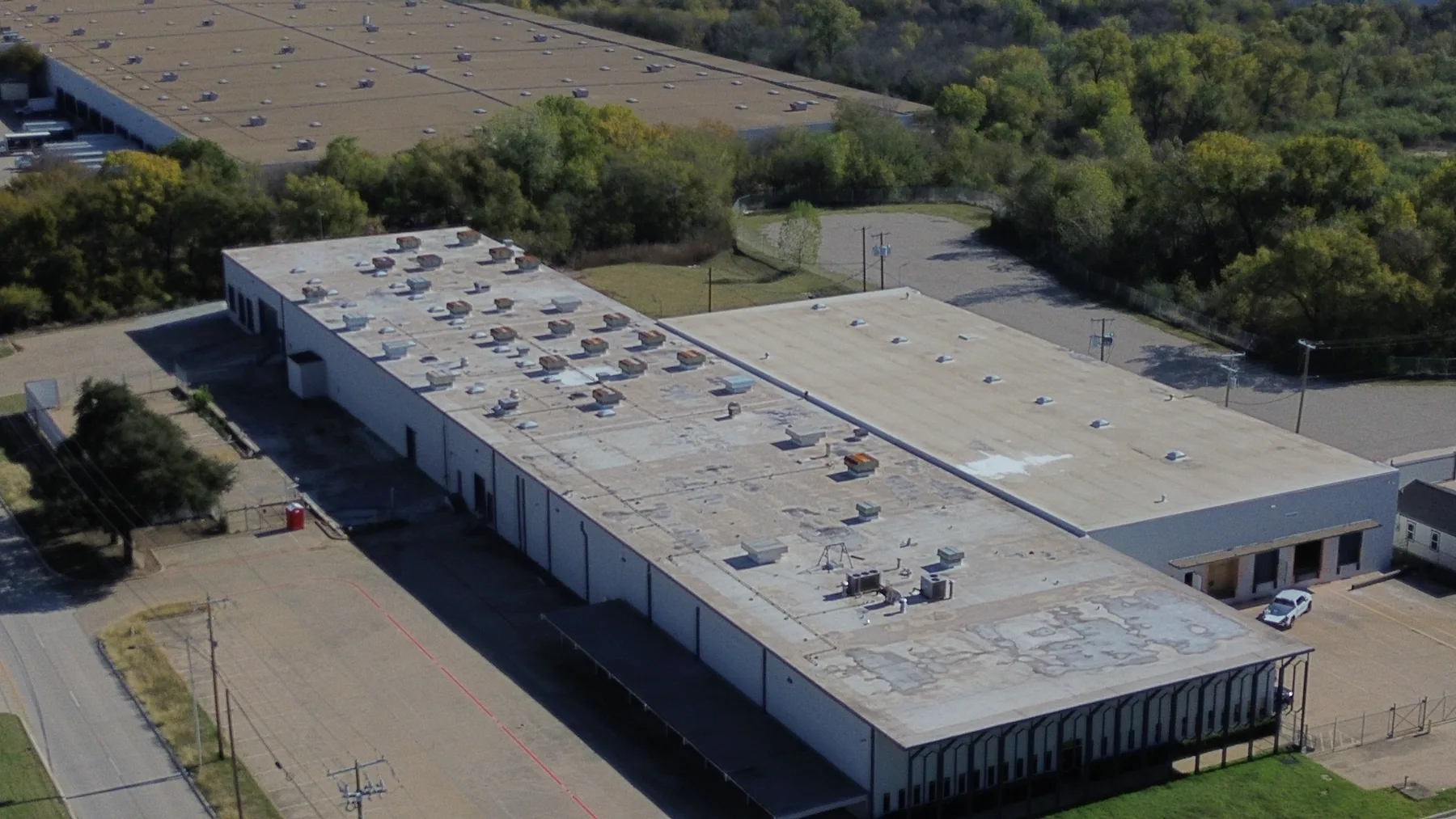 Aerial view of a commercial warehouse roof